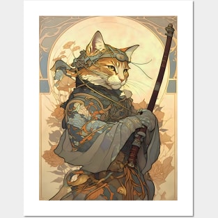 Art Nouveau Traditional Japanese Cat Samurai Knight Posters and Art